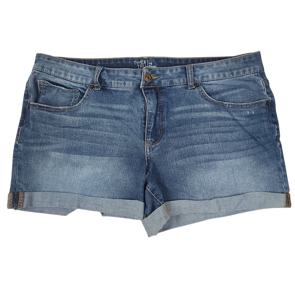 Time & Tru Womens Denim Blue Jean Shorts With Cuffed Hem & Pockets Size16